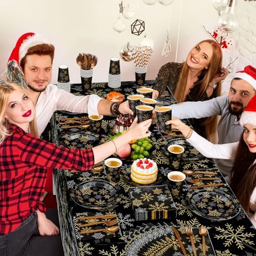 Funnymoom 452 Pcs Christmas Snowflake Party Supplies Black Gold and Sliver Snowflake Paper Plates and Napkins Cups Tablecloth Cutlery Straws for 50 Guests Winter Xmas Birthday Party Decoration - Image 4