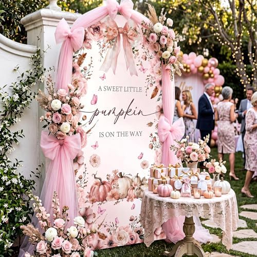 Tegeme 7.2ft a Sweet Little Pumpkin Is on The Way Arch Backdrop Cover Fall Baby Shower Girl Decoration Large Pink Bow Pumpkin Floral Backdrop Party Favor for Gender Reveal Party Photo Background Decor - Image 5