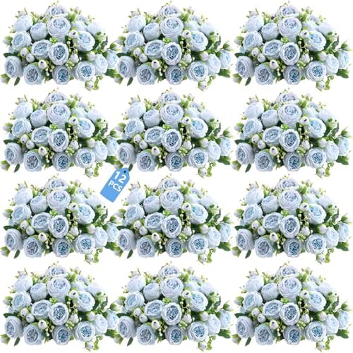Peonies Artificial Flowers Bouquet, Lifelike Silk Fake Peonies with Stems for Home Table Centerpieces, Wedding, Party & DIY Bridal Floral Arrangements (12, Blue) by Unknown