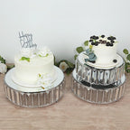 3 Silver Round Stackable Metal Cake Stands with Crystal Pendant and Mirror Top Wedding Birthday Party Display Dessert Riser Pedestal Centerpieces - Image 3