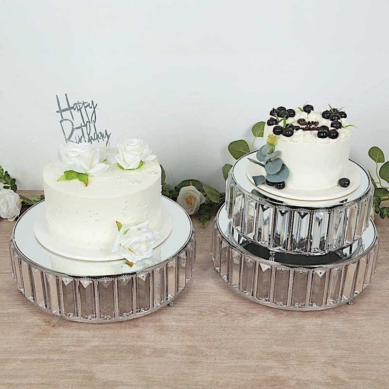 3 Silver Round Stackable Metal Cake Stands with Crystal Pendant and Mirror Top Wedding Birthday Party Display Dessert Riser Pedestal Centerpieces - Image 3