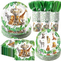 Funnymoom 400 Pcs Safari Happy Birthday Party Supplies for 50 Guests Jungle Animals Paper Plates and Napkins Knives Spoon Fork Cup Wild Animals Lion Tiger Dinner Sets for Zoo Birthday Party by Funnymoom