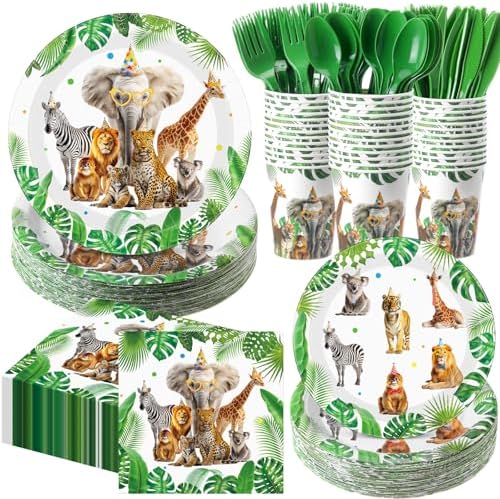 Funnymoom 400 Pcs Safari Happy Birthday Party Supplies for 50 Guests Jungle Animals Paper Plates and Napkins Knives Spoon Fork Cup Wild Animals Lion Tiger Dinner Sets for Zoo Birthday Party by Funnymoom