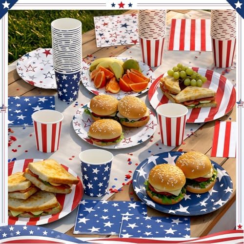 Ziliny 240 Pcs 4th of July American Flag Patriotic 7 9 Inch Paper Plates Napkins Cups Disposable Tableware Sets for Independence Memorial Veterans Day Decorations Party Supplies, Serve 60 - Image 4
