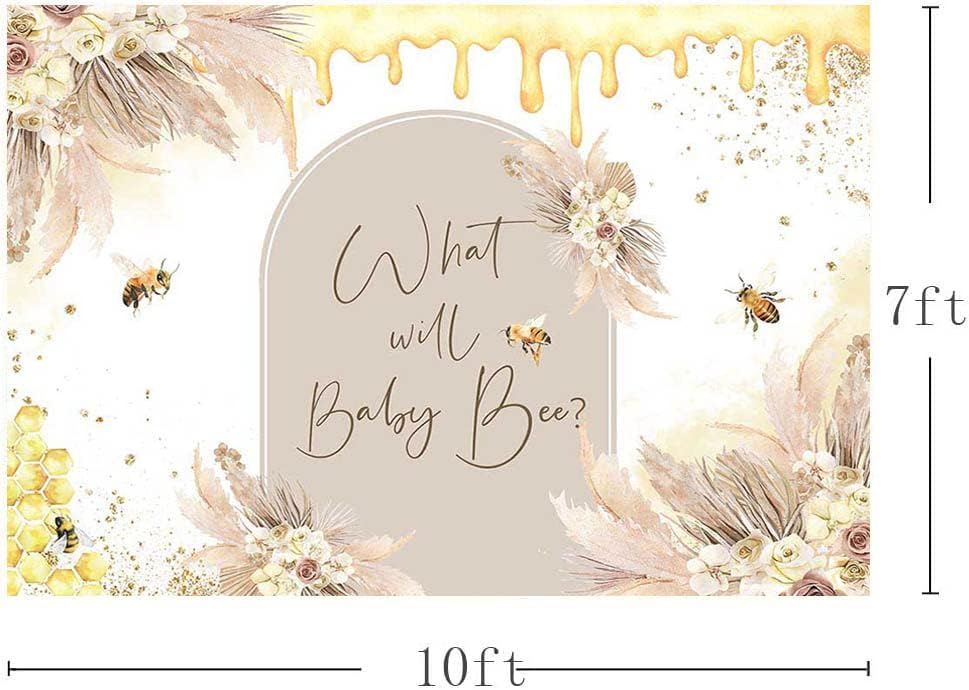 Mocsicka Boho Bee Theme Baby Shower Backdrop Honeycomb Bee Pampas Grass Floral Party Decorations What Will Baby Bee Gender Reveal Cake Table Banner Supplies (10x7ft) - Image 4