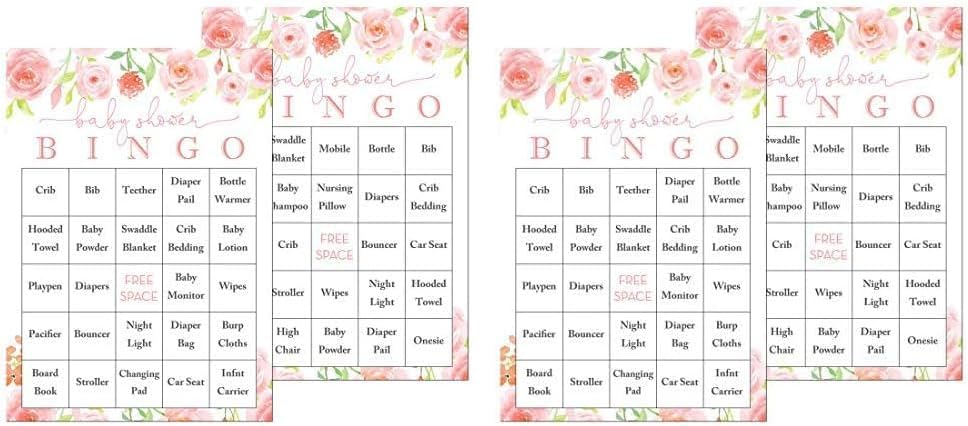 InvitationHouse Pink Floral Baby Shower Bingo Cards - Prefilled Baby Bingo Games - Set of 24 (Pack of 2) by InvitationHouse