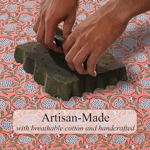 Ridhi Dark Salmon Pink Hand Block Print Cotton Tablecloth 108 x 70 Inch - Image 4