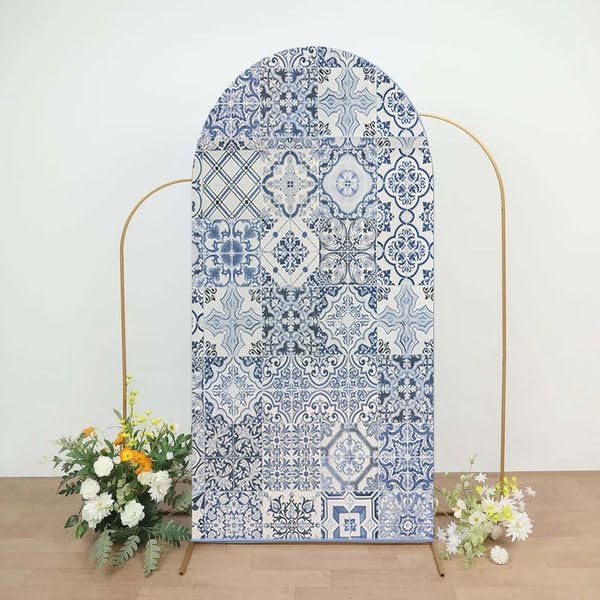 Curved Top Arch Cover Backdrop 3.3x6.5ft Mediterranean Portuguese Patchwork Tile Theme Spandex Background for Birthday Wedding Shower Banquet Porcelain Party Decoration - Image 2