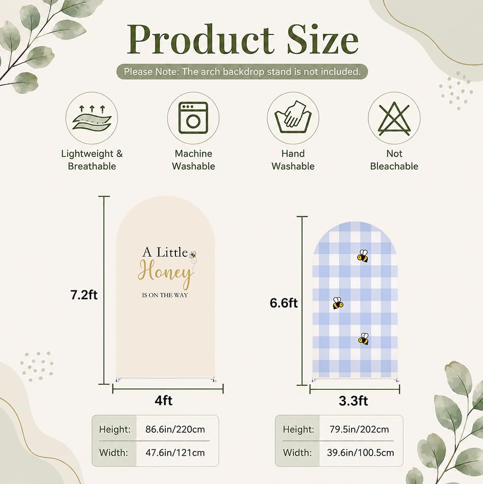 Set of 2 Little Honey Arch Backdrop Cover 2PCS Honey Bee Baby Shower Spandex Arch Covers Blue Gingham Gender Reveal Birthday Party Decoration (Cream Beige,6FT & 5FT) - Image 3
