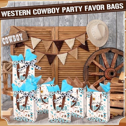 50 Pcs My First Rodeo Birthday Party Favors Bags with Handles for Guest Western Cowboy 1st Birthday Gift Bag with Tissue Paper Ribbons Cowboy Candy Bag My First Rodeo Party Supply(Blue) - Image 5