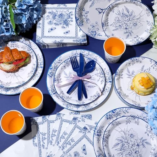 Ziliny 350 Pcs Blue White Floral Party Supplies Serves 50 Disposable Paper Blue Flower Paper Plates Napkins Cups Plastic Cutlery Vintage Floral Tableware Set for Wedding Birthday Bridal Tea Party - Image 6