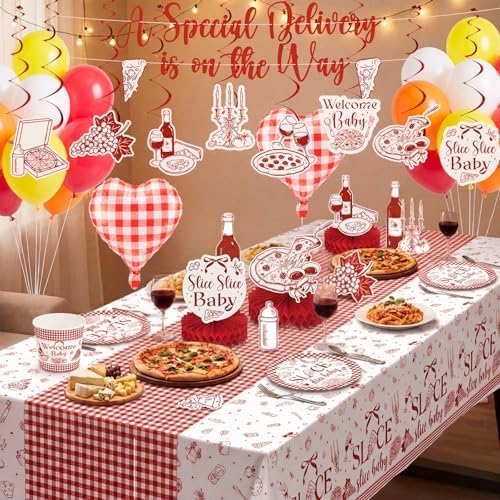 132 Pcs Special Delivery Pizza Baby Shower Decorations Set Slice Slice Baby Shower Decorations Italian Pizza Gender Neutral Tableware Set Serves 25 Guests for Pizzeria Newborn Welcome - Image 4
