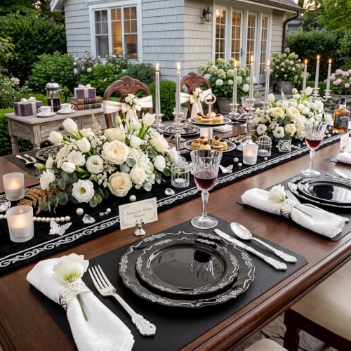 DaYammi 150 Pcs Black Silver Plastic Plates & Silver Plastic Silverware,Black silver Disposable plates for Include 30 Dinner Plate,30 Dessert Plate,30 Knives,30 Forks,30 Spoons for Party Wedding - Image 6