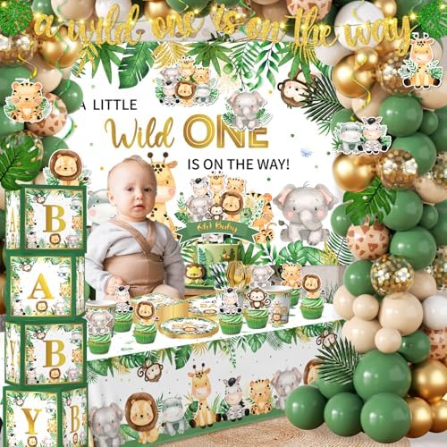 Safari Baby Shower Decorations,262pcs Wild Birthday Decorations Jungle Baby Shower Decorations Plates and Napkin Cups Backdrop Banner Tablecloth Balloons Garland Boxes,Serves 20 - Image 3