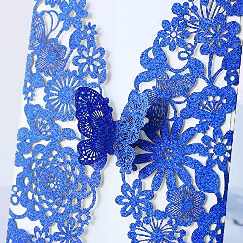Hosmsua 5.12 x 7.3 Inch 20PCS Royal Blue Quinceanera Invitation Kit Laser Cut Lace Flora Butterfly Invitation Pocket with Envelope Invitation for Bridal Shower Quinceañera (Royal Blue Glitter) - Image 5