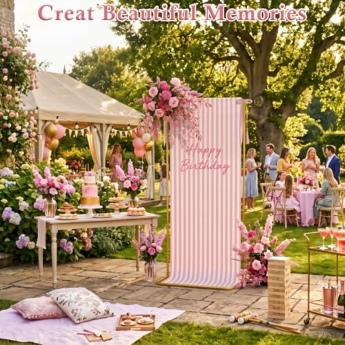 Striped Happy Birthday Sign Stand with Linen Ribbon, Pink - Image 2