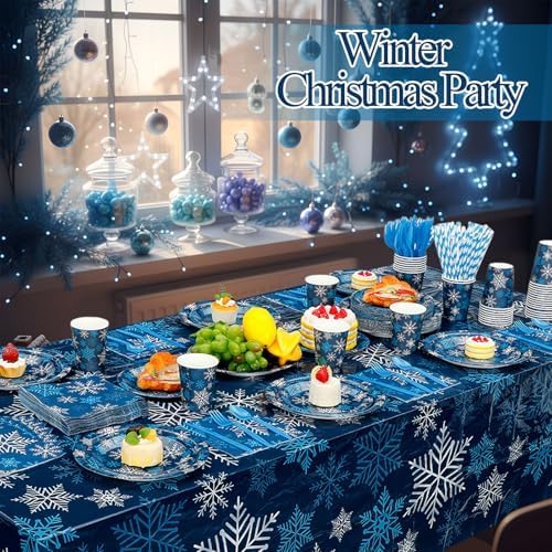 Funnymoom 452 Pcs Dark Blue Winter Snowflake Party Supply 50, Plate Cup set - Image 4