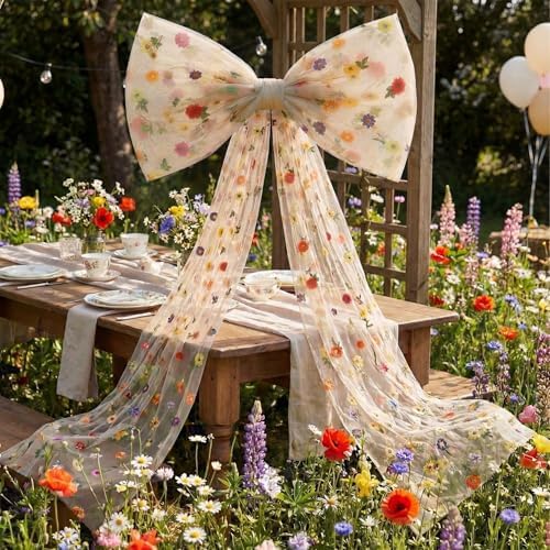 Canlierr Extra Large Embroidery Floral Tulle Bow Decorations 39 x 59 Inch Giant Champagne Organza Bow with Tie and Long Ribbon Tails for Spring Wedding Backdrop Coquette Room Wall Decoration by Canlierr