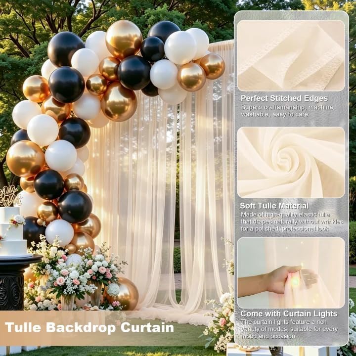 Gallety Ivory Tulle Backdrop Curtain with String Lights, 10x8ft Sheer Ivory Backdrop Curtain for Photography, Wedding, Bridal Shower, Baby Shower, Birthday, Anniversary, Banquet Decorations - Image 3