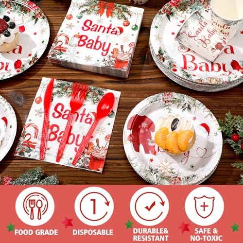 Dandat 350 Pcs Baby Shower Set, Christmas Santa Baby, Red - Image 4
