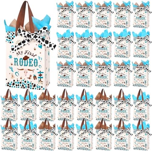 50 Pcs My First Rodeo Birthday Party Favors Bags with Handles for Guest Western Cowboy 1st Birthday Gift Bag with Tissue Paper Ribbons Cowboy Candy Bag My First Rodeo Party Supply(Blue) by Weekgrat