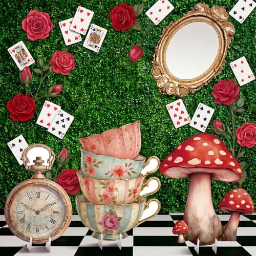 4 Pcs Wonderland Tea Party Decoration Life Size Tea Party Cardboard Cutouts Clock Retro Photo Frame Mushroom Floral Teacup Cutouts for Baby Shower Birthday Photo Booth Props Backdrop Favor - Image 4