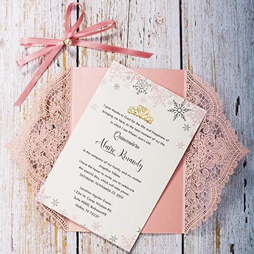 5.12 x7.28 inch 50PCS Pink Blank Laser Cut Hollow Lace Wedding Invitations with Envelopes & Pearl Bowknot Quinceanera Invitation Cards for Wedding Invite - Image 4