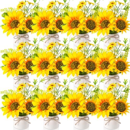 Zeyune Artificial Sunflower Potted Plants Rustic Wedding Table Centerpieces Summer Spring Kitchen Silk Yellow Flower with Plastic Pot for Home Bathroom Office Bridal Shower(12 Pcs,White,Sunflower) by Zeyune