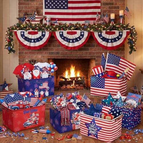 CHENGU 6 Pack 4th of July Storage Baskets Collapsible Patriotic Bins for Gifts 250th Independence Day Red Blue White Large Gnomes Basket Foldable American Flag Box with Handle for Party Bedroom Home - Image 2