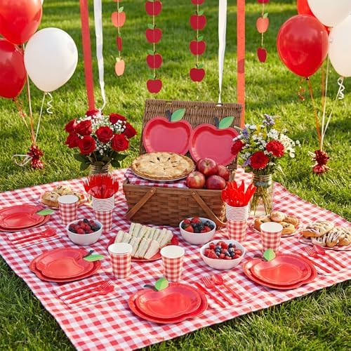 400 Pcs Back to School Party Supplies Serve 50, Apple Paper Plates Napkins Cups Apple Decoration Red Gingham Tableware Set for Last/First Day of School Party Supplies - Image 6