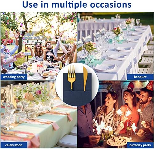 Cindeer 150 Pcs Navy Blue Linen Dinner Napkins with Built in Flatware - Image 6