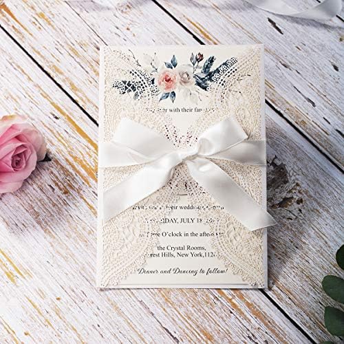 5.12x7.28 Inch 50PCS Blank White Wedding Invitations Kit Laser Cut Hollow Lace Pocket and Bowknot Quinceanera Invitation Cards with Envelopes for Wedding Birthday Invite - Image 2