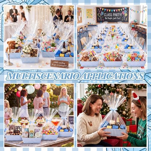 FoldTier 10 Pack Blue White Gingham Baskets for Gifts Empty 10" x 12" Thick Kraft Gift Basket with 10 Bows 10 Bags Empty Paper Baskets for Baby & Bridal Shower Wedding Birthday Party Wrapping - Image 6
