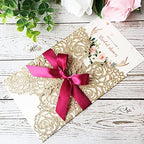 50PCS 5.12 x 7.28'' Gold Wedding Invitations Cards with Burgundy Bowknot Laser Cut Hollow Rose Flowers Invitation for Bridal Shower Engagement Wedding Invite (Gold Glitter) - Image 3