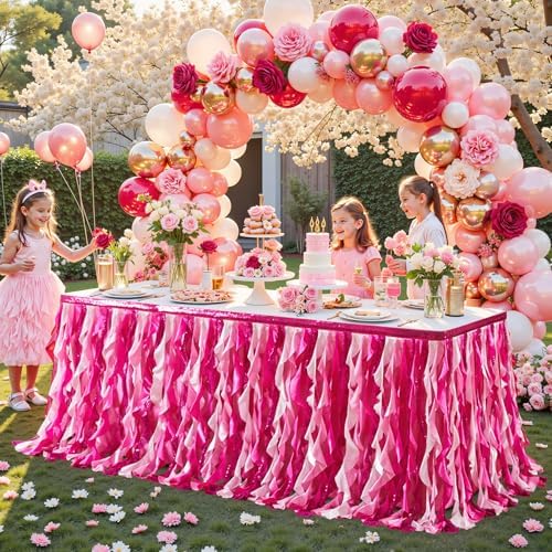 Wish Care 21ft Pink Sequin Table Skirt for Rectangle Tables Glitter Fringe Fuchsia Tutu Skirts Ruffle Tablecloth Teacher Desk Skirt for Classroom Princess Girls Birthday Baby Shower Party Table Decor - Image 3
