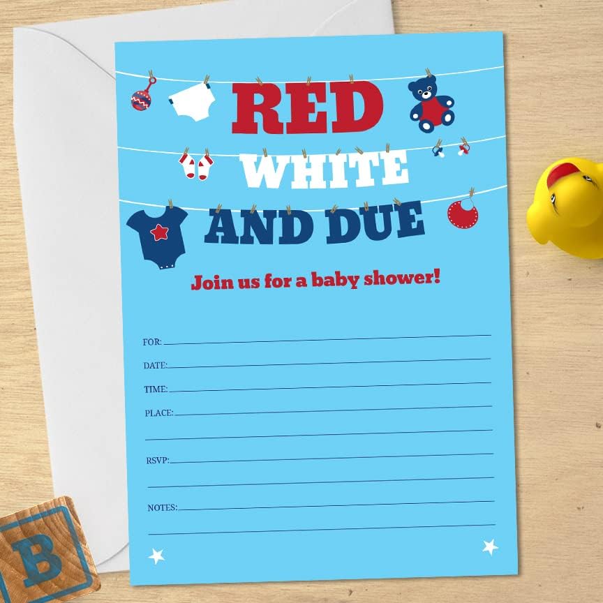 Red White & Due Baby Shower Clothesline July 4th White Invitation, Set 20 - Image 2
