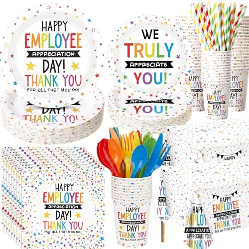LemonRoad 452 Pcs Employee Appreciation Decoration for 50, Employee Teacher Appreciation Paper Plates Napkins Cups Tablecloth Set for Administrative Professional Day Thank You Staff Nurse Party Supply by Unknown