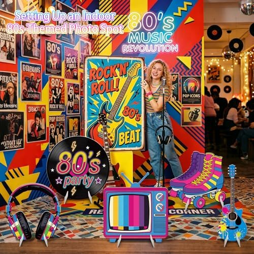 5Pcs 80s Party Decorations, Large Retro Disco Theme Cardboard Cutouts Guitar Headphone Roller Skates Vintage 80s Yard Sign for Neon Hip Hop Music Birthday Indoor Outdoor Photo Props Backdrop - Image 4