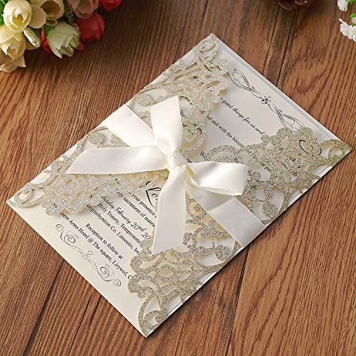 Hosmsua 20PCS Glitter Laser Cut Flora Wedding Invitation with Ribbons and Envelopes 5.12 x 7.3'' Laser Cut Invitation for Wedding Bridal Shower Engagement Sweet 16 Birthday (Champagne Glitter) - Image 6