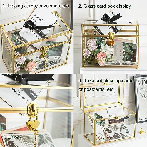 Glass Wedding Card Box with Slot, 10.2 inch Clear Card Box Gold Brass Gift Card Storage Box with Lock Perfect for Wedding Receptions, Baby Shower, Birthday Party, Bridal Shower - Image 4