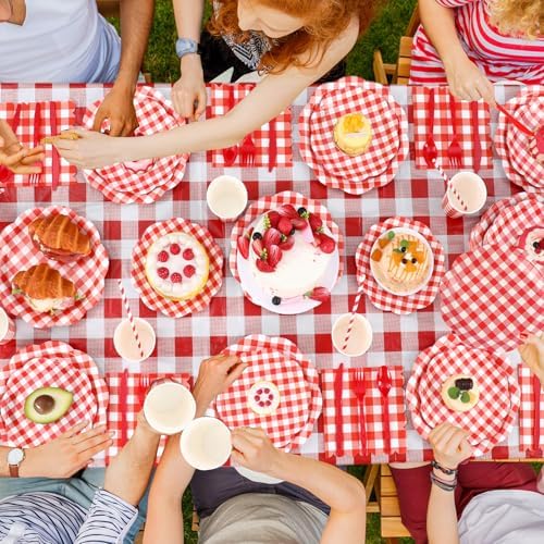 Funnymoom 452 Pcs Red Gingham Party Supplies for 50, Red and White Gingham Checkered Paper Plates Napkins Cups Tablecloth Cutlery Straws for Birthday Family Picnic Camping Barbecue Party Decoration - Image 5