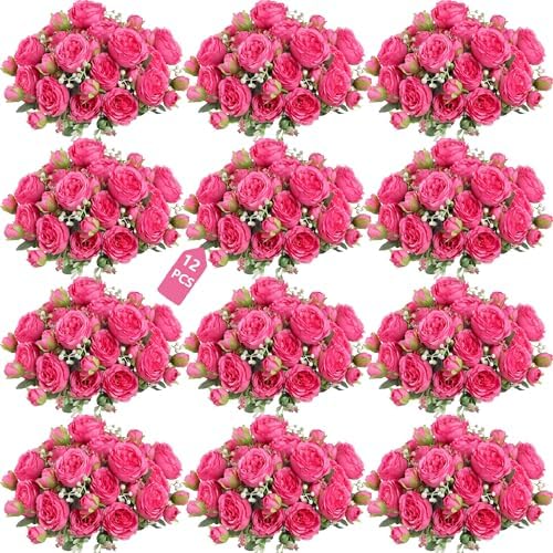 Peonies Artificial Flowers Bouquet, Lifelike Silk Fake Peonies with Stems for Home Table Centerpieces, Wedding, Party & DIY Bridal Floral Arrangements (12, Rose red) by Unknown