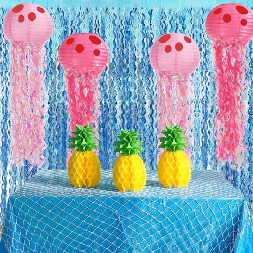 11 Pcs Under The Sea Birthday Party Decorations Cartoon Ocean Themed Backdrop Pineapple Decor Jellyfish Hanging Lanterns, Sea Tablecloth Wave Background for Summer Baby Shower Photo Props by Resholder