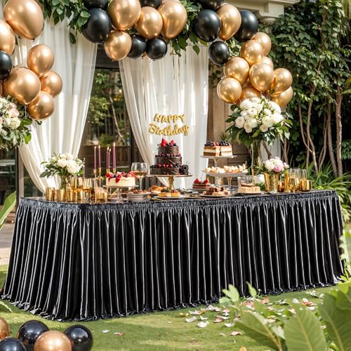 Wish Care 21ft Black Satin Long Table Skirt for Rectangle Tables Wrinkle Free Teacher Desk Skirt Glitter Ruffle Table Skirting Cloth for Back to School Classroom Office Dorm Birthday Party Table Decor by WishCare