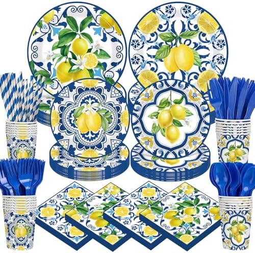 450 Pcs Tableware Set, Serve 50, Blue and Yellow, Capri Lemon by Unknown