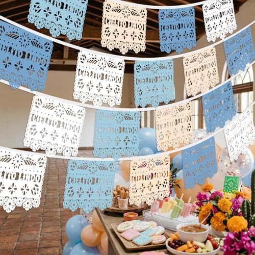 TOUROAM 4 Pack Blue Mexican Papel Picado Banner, Fiesta Party Decorations for Birthday, Baby Shower, Cinco De Mayo, Día De Los Muertos, Day of the Dead - Image 7