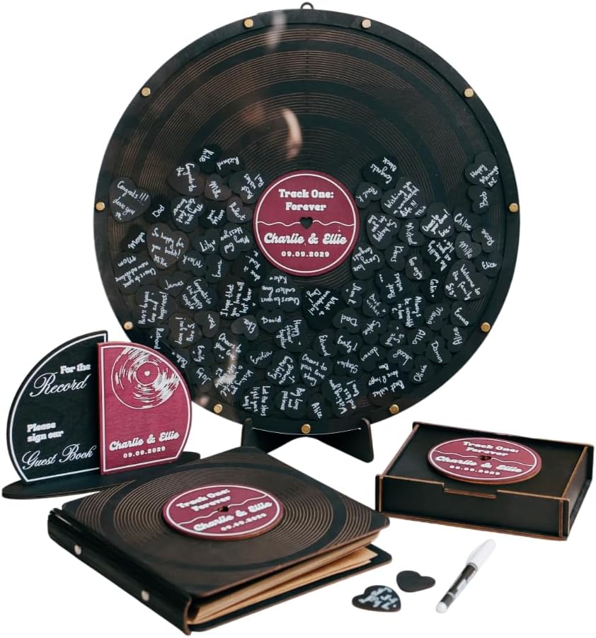 Custom Wedding Guest Book Alternative – Personalized Vinyl Record Guestbook – Unique Wood Personalized Sign-in Book for Wedding Reception Decor, Bridal Shower, Engagement, Anniversary Celebration by 2B1WEDDING