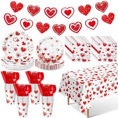 Ziliny 171 Pcs Valentine's Day Party Decorations Serve 24 Red Hearts Paper Plates Napkins Cups Banner Tablecloth Cutlery Valentine Day Anniversary Wedding Baby Shower Party Supplies by Ziliny