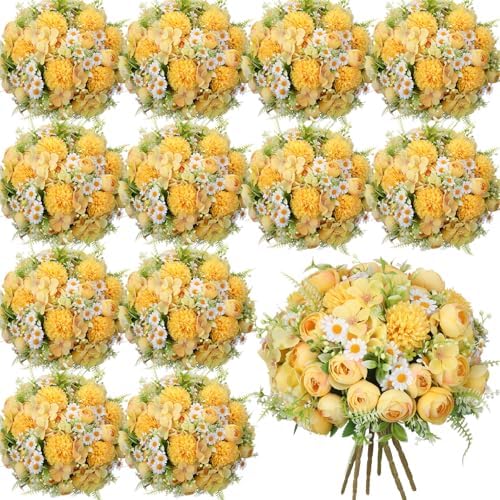 Tigeen 12 Bundles Peonies Artificial Flowers Faux Roses, Light Yellow by Tigeen