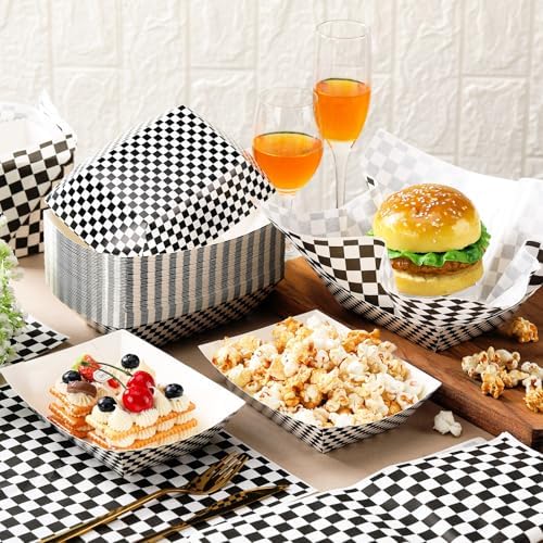Geosar 200 PcsGingham Paper Food Tray with Wax Paper,Black White - Image 5